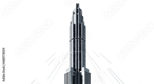 A tall silver skyscraper with a pointed top against a white background