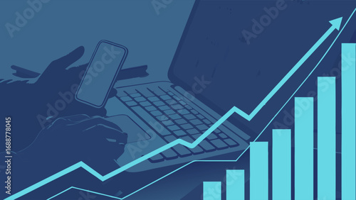 Laptop and Smartphone with Upward Trending Graph Showing Business Growth and Success.