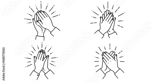 Set of line art illustration of clapping hands with radiating lines on white background, concept for appreciation message, success celebration and encouraging content