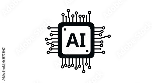 Black and white illustration of a computer chip with AI lettering in the center, concept for machine learning, artificial intelligence and automated systems