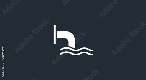 Minimalist white icon showing a pipe discharging into wavy water on dark background, concept for sewage system design, wastewater treatment solutions and environmental sustainability visuals
