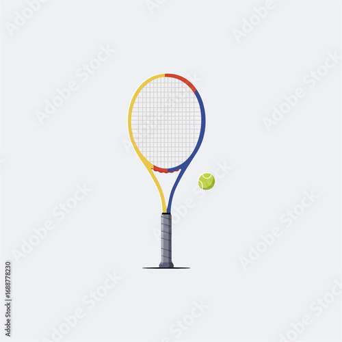 Colorful tennis racket and ball illustration, simple design.
