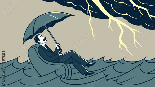 Man in armchair with umbrella during storm dramatic illustration stylized art.