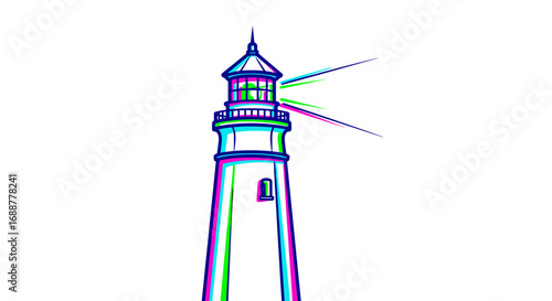 Illustration of a tall lighthouse with light beams on a white background
