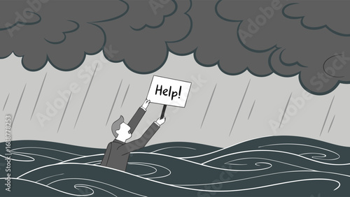 Man in stormy sea holding help sign illustration graphic design vector art desperate emergency survival disaster flood rain waves storm weather climate change SOS need help asking for help hope dange.