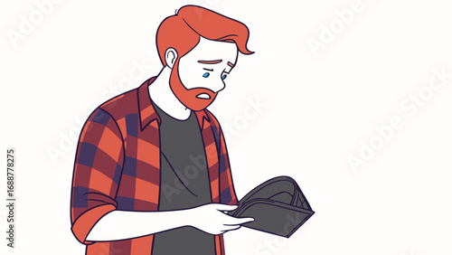 Man looking sadly at empty wallet financial trouble broke no money poor debt despair sadness economy budget expenses crisis recession illustration cartoon design character graphic art flat design min.