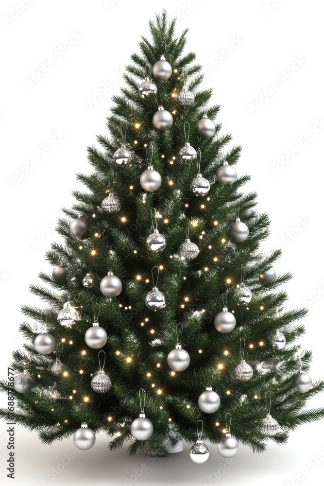 Fototapeta premium Festive christmas tree with silver ornaments and star topper