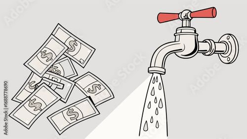 Money Wasting Financial Loss Cash Flow Tap Faucet Water Bills Expense Budget Economy Crisis Leak Illustration Design Graphic Vector Cartoon Drawing Art Finance Investment Savings Debt Bankruptcy Paym.