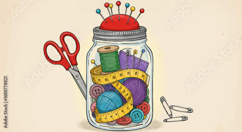 Illustration of a glass jar filled with sewing accessories like yarn, buttons, and a measuring tape with scissors nearby, concept for crafting projects, fashion design and textile art