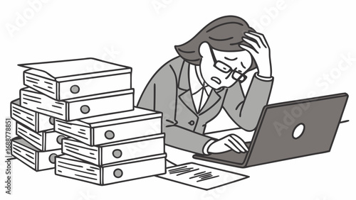 Overwhelmed Businessperson Working at Desk with Laptop and Stack of Files.