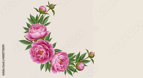 Pink peony flower arrangement with lush green leaves and unopened buds on a soft cream background, concept for wedding invitation, greeting card design and floral decoration
