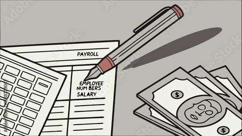 Payroll processing illustration business finance concept salary payment accounting paperwork money pen document graphic design flat design vector illustration financial administration bookkeeping bus.