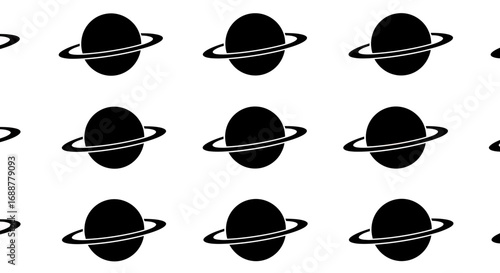 Seamless pattern of black planet icons with rings on a white background. Concept for space exploration, astronomy projects and science illustration