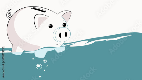 Piggy bank sinking in water financial crisis debt budget economy illustration.