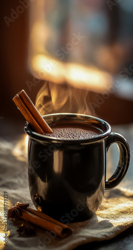 Warm cup of hot chocolate with cinnamon stick and steam rising on a cozy autumn day