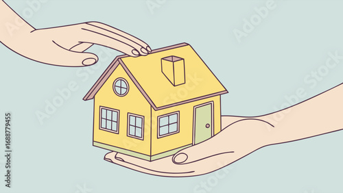Protecting a Small House Model in Hands Illustration.