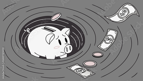 Sad Piggy Bank Being Swallowed by a Vortex of Money and Coins.