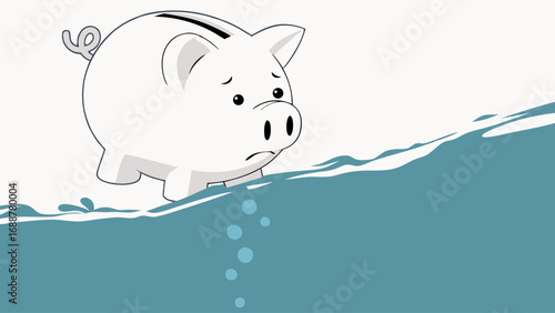 Sad Piggy Bank Drowning in Water Financial Crisis Concept Illustration.