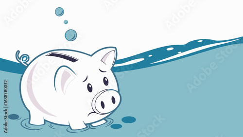 Sad Piggy Bank Submerged in Water Financial Crisis Cartoon Illustration.