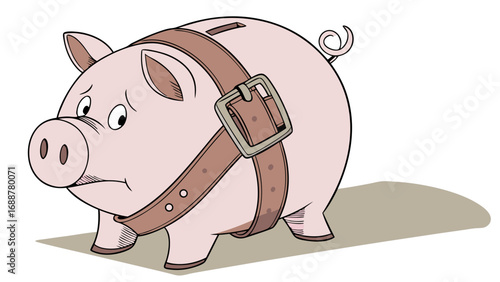 Sad piggy bank with belt illustration financial crisis budgeting saving money cartoon economy debt financial difficulty tight budget cost of living expenses money saving piggy bank illustration finan.
