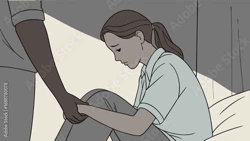 Sad woman comforted by a hand on her knee.