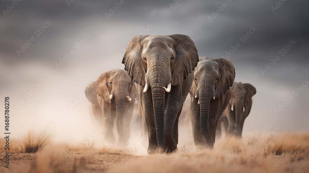 Obraz premium African elephants herd walking through dust in savannah wildlife photography adventure travel safari