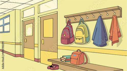 School hallway with backpacks books and coats hanging on hooks.