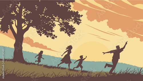 Silhouette of a Family Running Towards Sunset in a Field Happy Family Illustration Joyful Outdoor Scene.