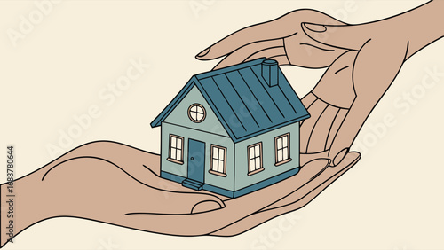 Small house model held in hands home ownership real estate concept illustration.