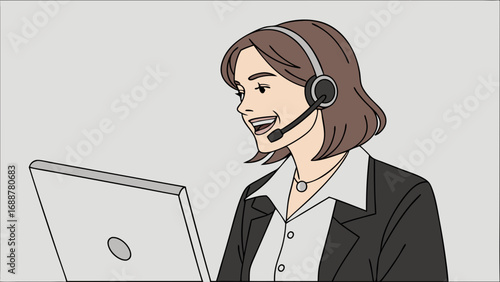 Smiling Businesswoman with Headset using Computer Customer Service Illustration Vector Art.