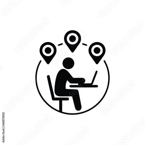 Minimalist black and white icon design representing remote work and location tracking through computer and map pins vector