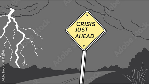 Stormy weather warning sign on a road ahead illustration.