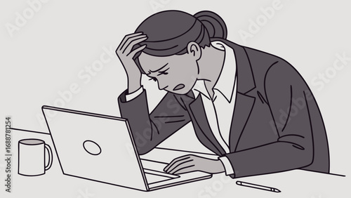 Stressed Businessperson Working on Laptop Tired Exhausted Employee Illustration.