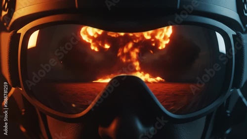Soldier in a helmet watching an explosion reflected in his goggles, a concept of war