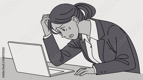 Stressed businesswoman working on laptop frustrated and overwhelmed at desk.