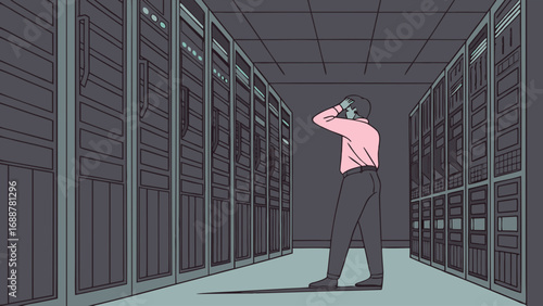Stressed person amidst server racks IT problem data center illustration technology trouble network failure system error digital problem computer maintenance troubleshooting technical difficulties IT .