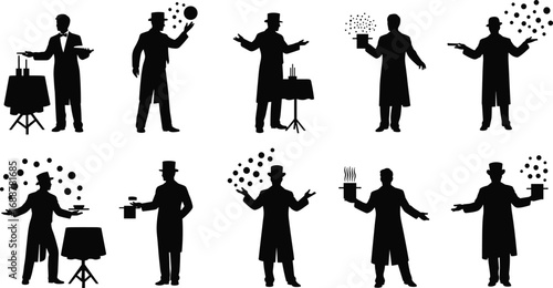 Silhouettes of magicians performing magical acts, illusions, tricks with hats, balls, cards, smoke, tables, top hats, theatrical entertainment, stage performance.
