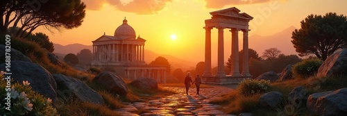 Serene view of Roman ruins at sunset, bathed in golden light; a peaceful meditation scene  Perfect for mindfulness, travel, history, and spiritual themes ,  still,  stone