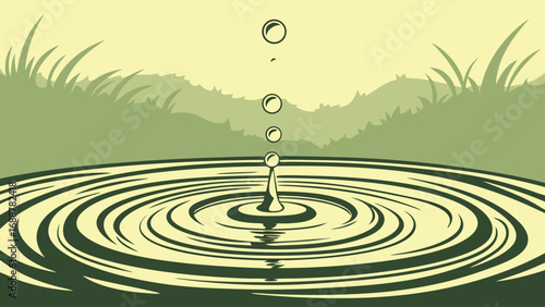 Water droplet falling into still water creating concentric ripples in a tranquil pond scene with grass background.