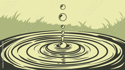 Water droplet impact creating concentric ripples on a calm surface surrounded by grass.