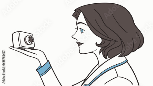 Woman holding small camera illustration profile view technology gadget device.