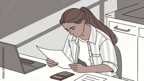 Woman reviewing documents at desk with laptop and calculator.