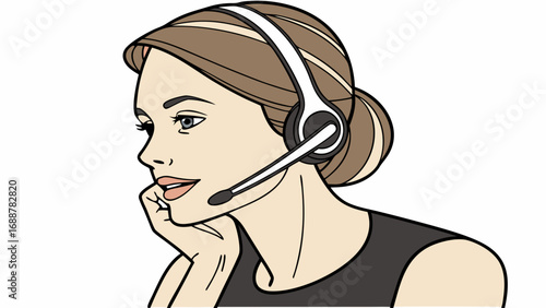 Woman wearing headset customer service support helpdesk communication call center telephone operator online assistance tech support helpline professional business office worker employee consultant ad.
