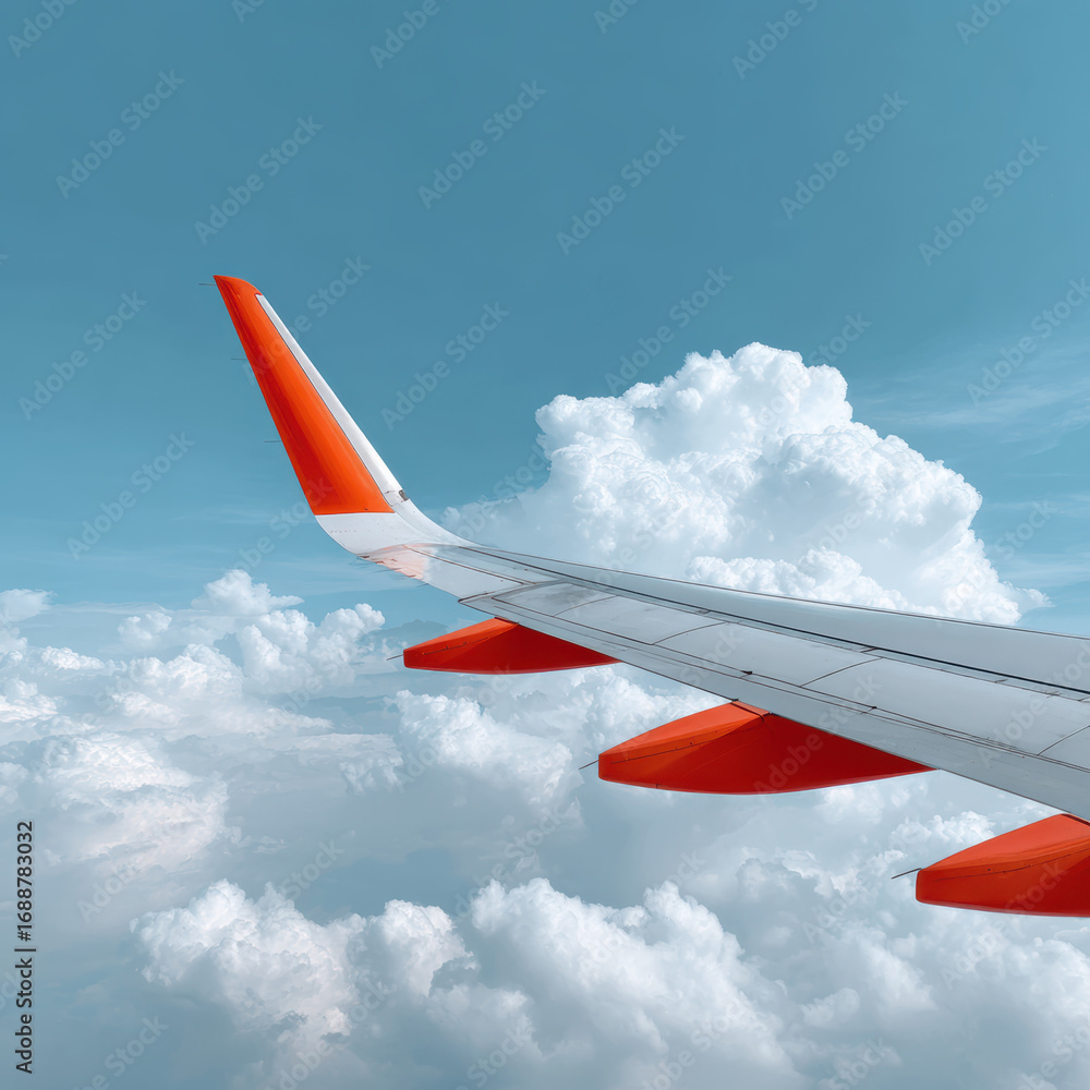 Fototapeta premium Vibrant airplane wing glides through clear blue sky, surrounded by fluffy white clouds, creating serene and uplifting atmosphere