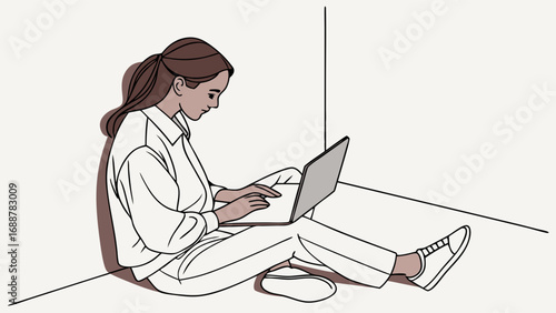 Woman working on laptop minimalist illustration remote work freelance digital nomad online business home office simple design vector art stylish modern contemporary female technology computer interne.