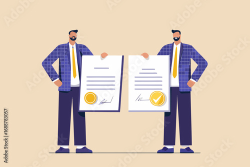 Two businessmen holding up signed contracts and agreements with seals and checkmarks