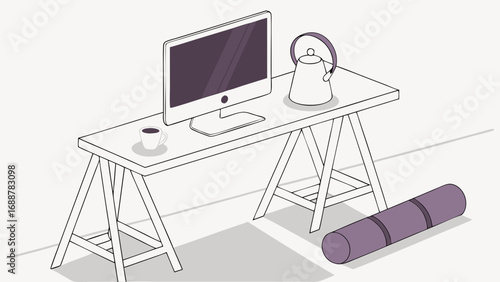 Work from home setup with computer kettle and yoga mat illustration.