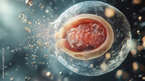 Close-up of human egg cell with nucleus and surrounding fluid ovum human reproduction photo