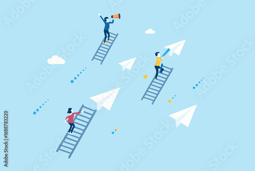 Diverse people climbing ladders towards paper airplanes in the sky symbolizing ambition and future success