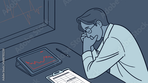 Worried professional reviewing financial data on tablet and clipboard at night.